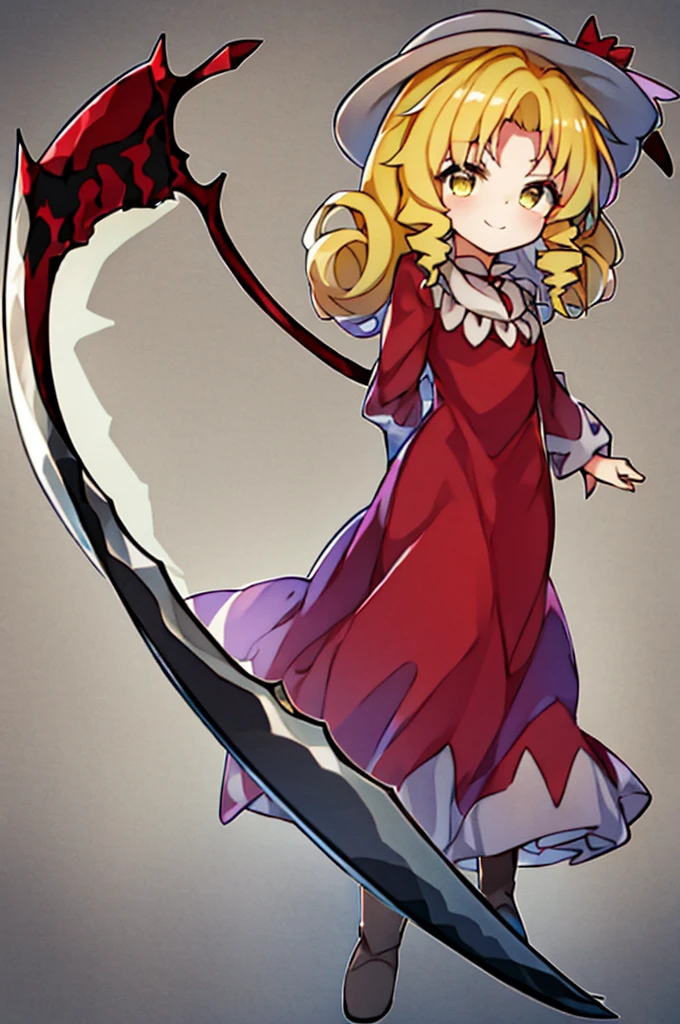 a drawing of an anime character in a red dress and boots with a large scythe, ((high end)), (UHD picture), (best quality,4k,8k,highres,masterpiece:1.2), top-quality(​masterpiece), top-quality, ultra-detailed, highly detailed texture, intricate details, high quality textures, masterpiece, best quality, perfect quality, perfect anatomy, perfect body, perfect symmetrical face, 1 beautiful girl, 1girl, , , 10 years old, (((****))), ((childish)), hat, white hat, blonde hair, long hair, parted bangs, drill hair, well-formed face, yellow eyes, maxi dress, red dress, dress, long sleeves, frills, long skirt, simple background, scythe, holding scythe, holding, white socks, smile, cute face, beautiful, holding scythe