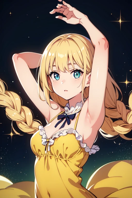 A wonderful masterpiece, Upper Body, (Adult: 1.6) Hungarian woman, (Giggling: 0.4), Place your arms behind your head, Golden braid, Sparkling eyes, victorian sundress, Floating light particles, Centered, Adding facial details