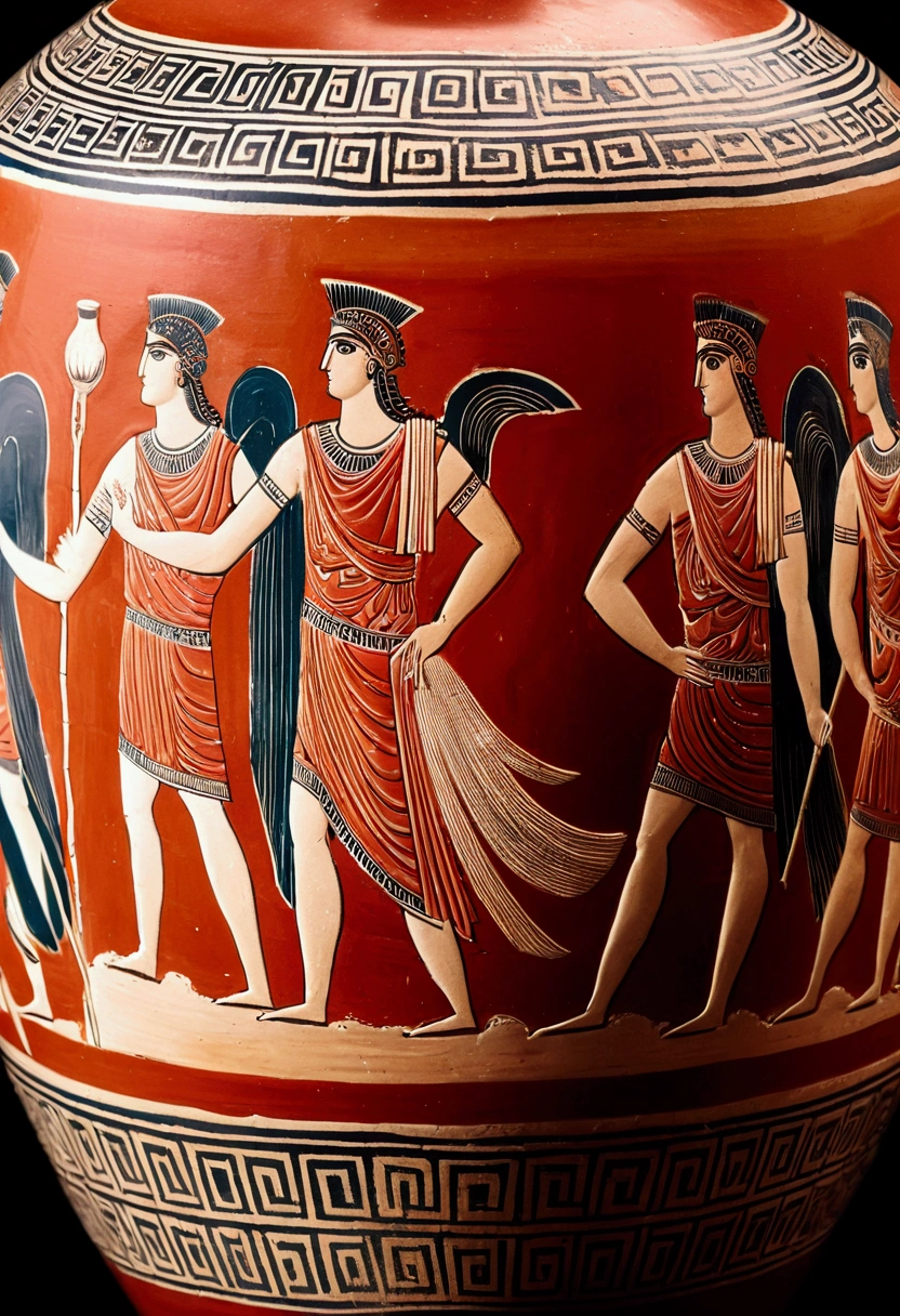 (Ancient Greek Art), bottle painting on Pottery, red painting style, award-winning, cinematic still, emotional, vignette, dynamic, vivid, (masterpiece, best quality, photorealistic, Professional, perfect composition, very aesthetic, absurdres, ultra-detailed, intricate details:1.3)