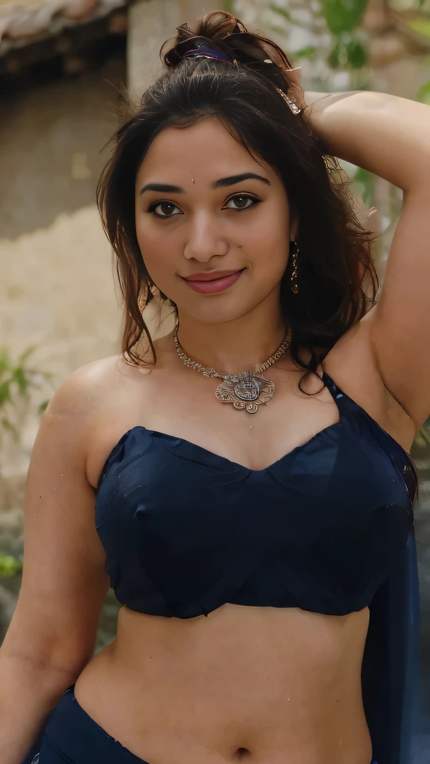 extreme close up photo of sexy Latina, big cheeks, curvy, hourglass figure, swooping breasts, deep cleavage, open arms, sexy armpits, seducing on mountains, ponytail, necklace, blue see through strapless saree, look at viewer and subtle smile, (cinematic:1.3), intricate details, (ArtStation:1.2)