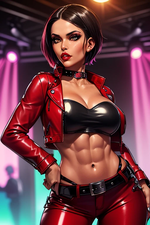 8K, (best quality, masterpiece:1.3), (detailed:1.2), 1girl, solo, ((26 year old, tan bronze skin:1.02, short black hair:1.3, Detailed Amber eyes:1.03, (shiny skin), glossy lips, lipstick, Detailed face, medium breasts, narrow waist, wide hips, curvy, ((Wearing: red biker jacket, cropped red leather jacket, strapless red top, black leather pants and belt)), tight fitting clothing, (midriff), (agile physique:1.1), (Character Focus),Perfect Anatomy, at rave, nightclub, heavy makeup, kissable lips, punk, punk style, punk hair, dancing,