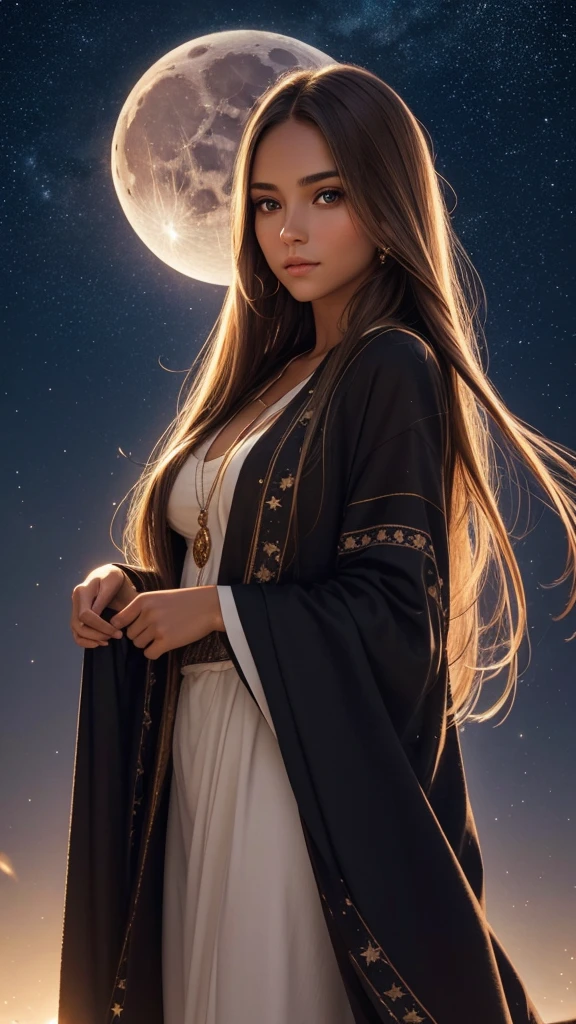 portrait of a beautiful young Caucasian woman, skin tanned, Eye Brown, long straight hair, on a night with a starry sky and a big moon in the sky, Ablaze, Spiritual Aura, simple clothing, inoccent face