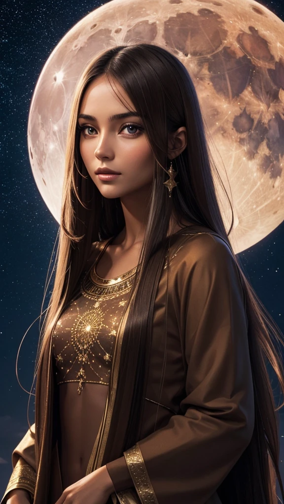 portrait of a beautiful young Caucasian woman, skin tanned, Eye Brown, long straight hair, on a night with a starry sky and a big moon in the sky, Ablaze, Spiritual Aura, simple clothing, inoccent face