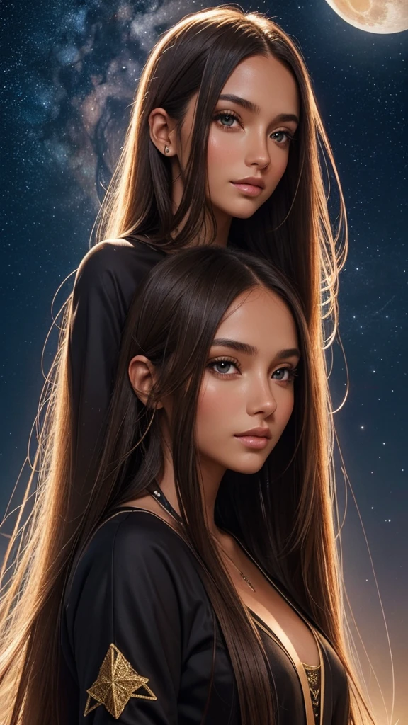 portrait of a beautiful young Caucasian woman, skin tanned, Eye Brown, long straight hair, on a night with a starry sky and a big moon in the sky, Ablaze, Spiritual Aura, simple clothing, inoccent face