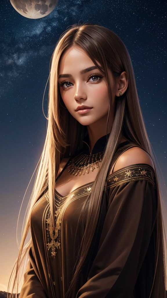 portrait of a beautiful young Caucasian woman, skin tanned, Eye Brown, long straight hair, on a night with a starry sky and a big moon in the sky, Ablaze, Spiritual Aura, simple clothing, inoccent face