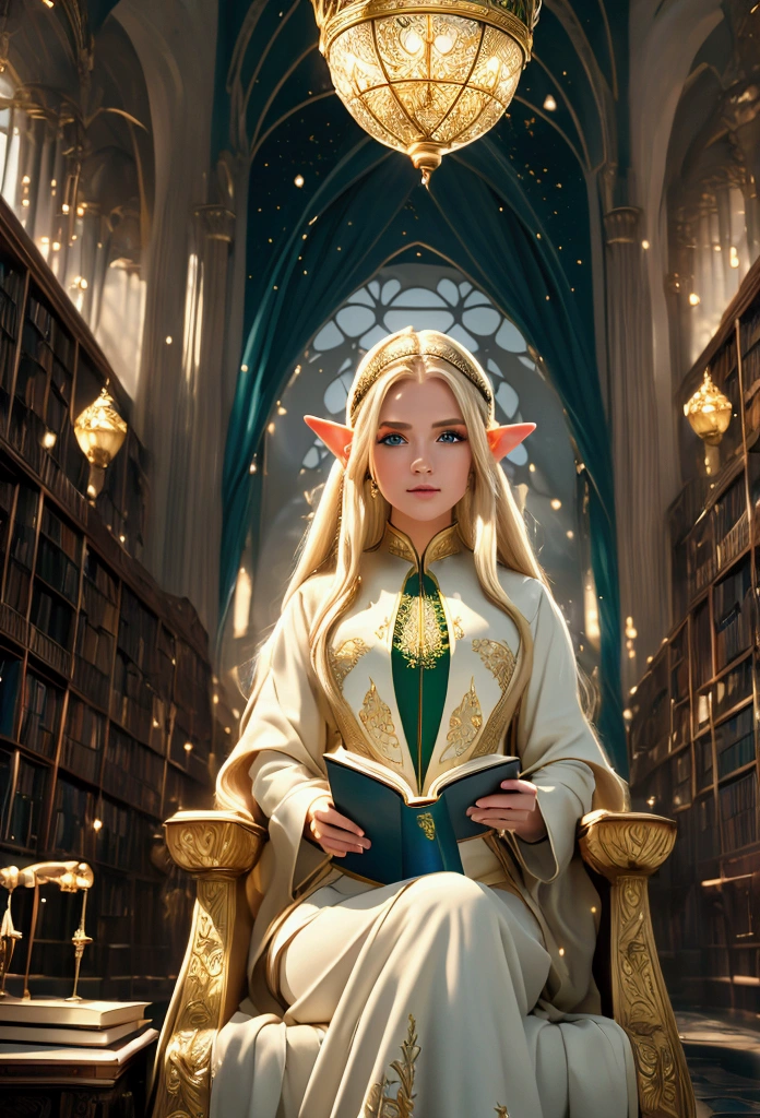 (((masterpiece, of the highest quality, High Definition, High detail)))), One, ((fancy)))), (elf woman)))), (short white skirt with gold embroidery), (long straight blonde hair), (bright dark green eyes), (green surcoat with gold embroidery), big, (((National Library of the royal capital)), (A large space with many books.)), sit in a chair and read a book , flying light particles