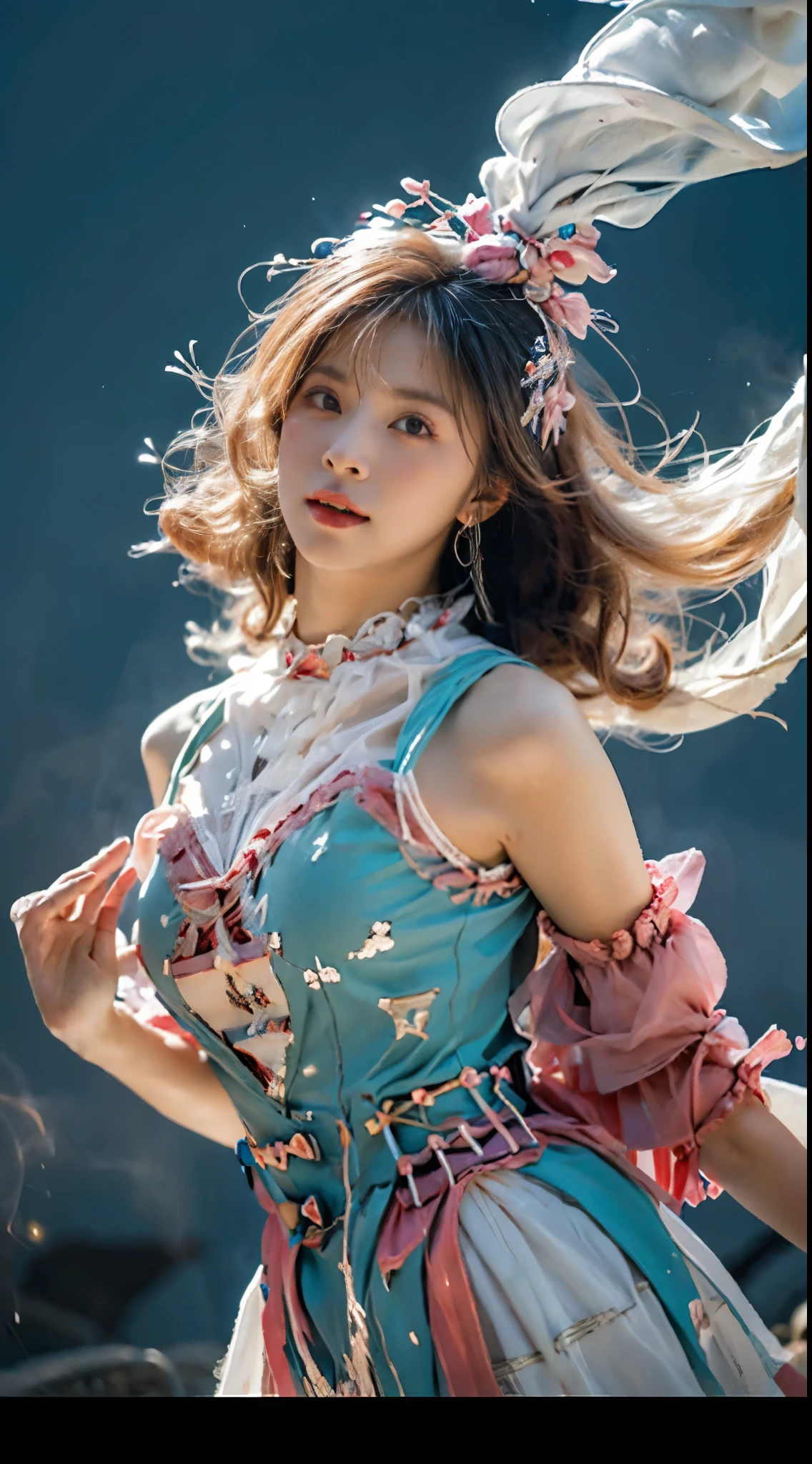 (((Medium hair))), best qualtiy, 8K, hdr, A high resolution, absurderes:1.2, blur backgroun, Background bokeh:1.2, photography of, (RAW photo:1.2), (真实感:1.4), (Masterpiece:1.3), (complexdetails:1.2), 1girll, 独奏, japanaese girl, delicated, Beautiful detailed, (Detailed eyes), (Detailed facial features), Bigboobs, (((Large breasts))), Skin Firm, (Looking_at_peeping at the viewer), From_Front, (being thin),(best qualtiy:1.4),(超A high resolution:1.2),cinematic lighitnglamplight,(Extremely detailed illustration),(Gloss on lips,best qualtiy,超A high resolution,depth of fields,Caustics,Extensive illumination,naturalshadow,85mm, f/1.4, iso 200, 1/160s:0.75),1girll, Solo, (((Silk vest))) Smile, ((silk garment,pleatedskirt,Classroom))
