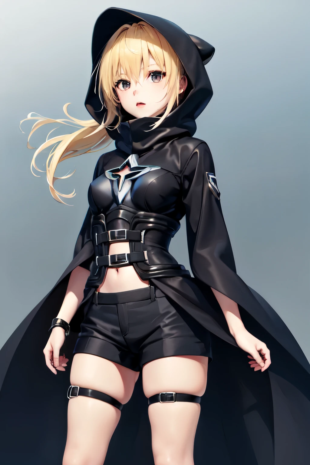 1 girl, adolescent, black hood, blue shorts, long and blond hair, 