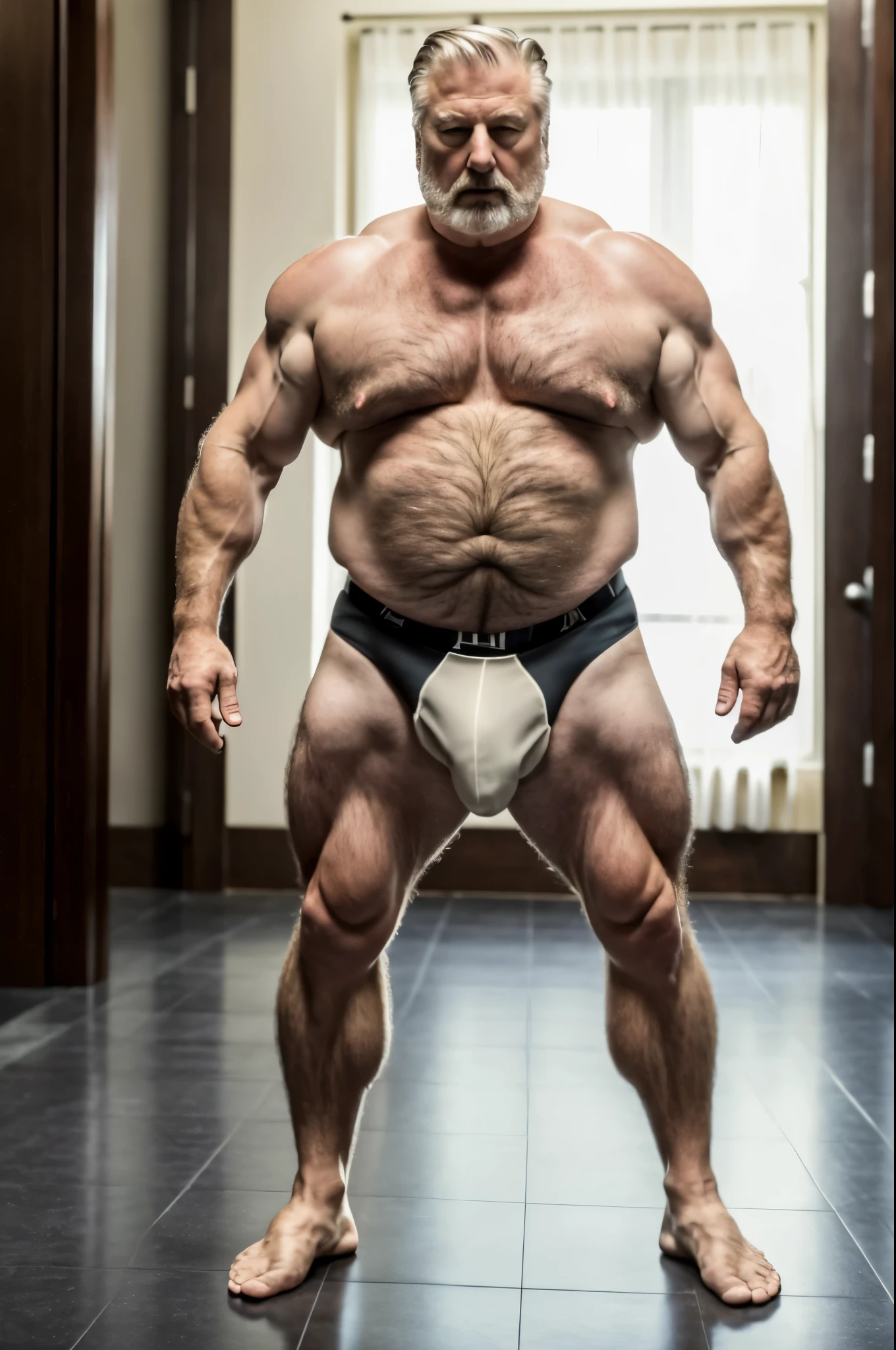 mature old man, alec baldwin grandpa, virile, tough, meaty, plump, thick, bulgeJ8, massive feet, hairy, scruffy, natural white body hair, pale skin, clear eyes, standing, full body, photo, subject, dslr, film grain, intricate details