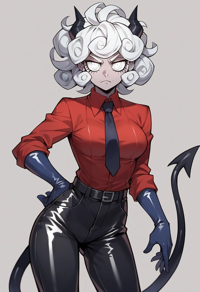 1girl, pandemonica \(helltaker\), ((blue elbow gloves)), ((surgical gloves)), ((latex gloves)), (red shirt), (((long sleeves))), (tie), (pants), looking at viewer, standing, solo