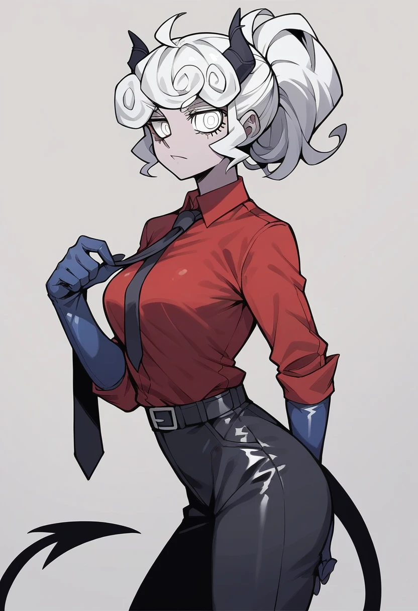 1girl, pandemonica \(helltaker\), ((blue elbow gloves)), ((surgical gloves)), ((latex gloves)), (red shirt), (((long sleeves))), (tie), (pants), looking at viewer, standing, solo
