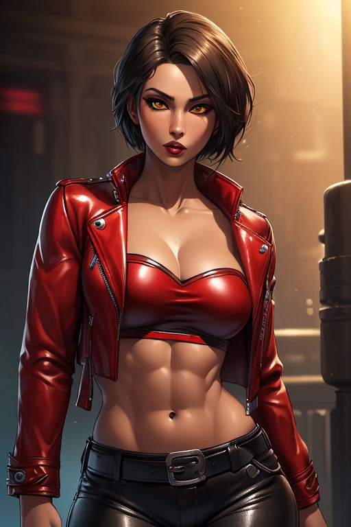 8K, (best quality, masterpiece:1.3), (detailed:1.2), 1girl, solo, ((26 year old, tan bronze skin:1.02, short black hair:1.3, Detailed Amber eyes:1.03, (shiny skin), glossy lips, lipstick, Detailed face, medium breasts, narrow waist, wide hips, curvy, ((Wearing: red biker jacket, cropped red leather jacket, strapless red top, black leather pants and belt)), tight fitting clothing, (midriff), (agile physique:1.1), (Character Focus),Perfect Anatomy, at rave, nightclub, heavy makeup, kissable lips, punk, punk style, punk hair, dancing, high contrast, photorealistic digital art trending on Artstation 8k HD high definition detailed realistic, detailed, skin texture, hyper detailed, realistic skin texture, armature, best quality, ultra high res, (photorealistic:1.4),, high resolution