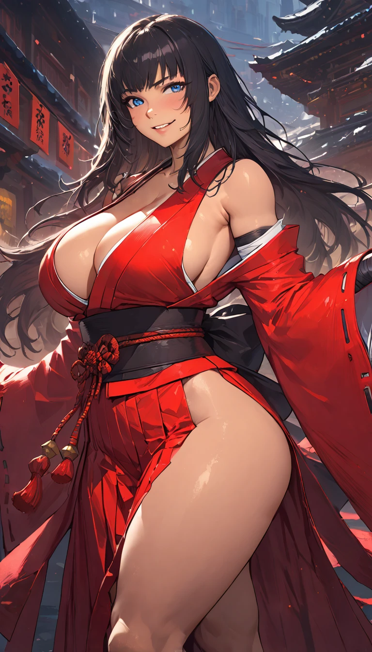 best quality,4k,8k,highres,masterpiece:1.2),ultra-detailed, extremely detailed eyes, extremely detailed body, (large masterpiece digital art), (detailed manga illustration), (detailed line art), ((perfect anatomy)), (intricate details:1.3), (ultra-detailed:1.3), (illustration:1.3), (sharp focus:1.3), (natural lighting:1.05), (vivid colors:1.3), (masterpiece), (best quality:1.4), (perfect anatomy:1.4), high quality, expressive eyes, full body, detailed face, beautiful face, perfect face, 1 girl, breasts, cleavage, gloves, large breasts, Japanese clothes, jacket, (underboob), robe, sash, belt pouchs, very long hair, thigh length hair, Japanese female, detailed ((black hair)), straight hair, Hime cut , blue eyes, curvaceous physique, arm wrap, hakama, hakama skirt, haori, miko, monk, thick thighs, toned, dynamic lighting, cinematic lighting, dynamic heroic pose, smiling, Japanese temple background, curvy, Atey Ghailan, Jeremy Mann, Greg Manchess, Antonio Moro, trend in ArtStation, trend in CGSociety, Intricate, High Detail, Sharp focus, dramatic and photorealistic painting art by Midjourney and Greg Rutkowski, Jeff Bridges, ((cartoon style)), Marvel Cinematic Universe style