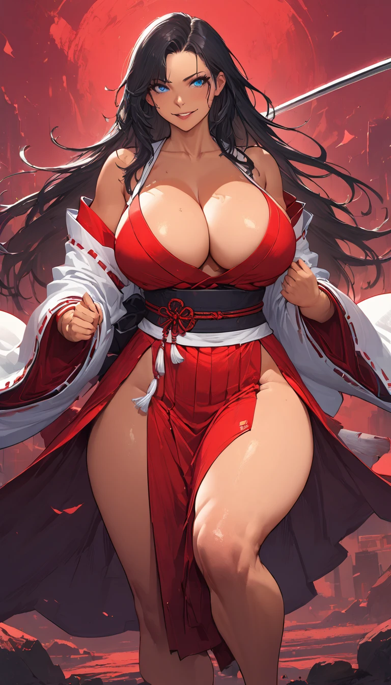 best quality,4k,8k,highres,masterpiece:1.2),ultra-detailed, extremely detailed eyes, extremely detailed body, (large masterpiece digital art), (detailed manga illustration), (detailed line art), ((perfect anatomy)), (intricate details:1.3), (ultra-detailed:1.3), (illustration:1.3), (sharp focus:1.3), (natural lighting:1.05), (vivid colors:1.3), (masterpiece), (best quality:1.4), (perfect anatomy:1.4), high quality, expressive eyes, full body, detailed face, beautiful face, perfect face, 1 girl, breasts, cleavage, gloves, large breasts, Japanese clothes, jacket, (underboob), robe, sash, belt pouchs, very long hair, thigh length hair, Japanese female, detailed ((black hair)), straight hair, Hime cut , blue eyes, curvaceous physique, arm wrap, hakama, hakama skirt, haori, miko, monk, thick thighs, toned, dynamic lighting, cinematic lighting, dynamic heroic pose, smiling, Japanese temple background, curvy, Atey Ghailan, Jeremy Mann, Greg Manchess, Antonio Moro, trend in ArtStation, trend in CGSociety, Intricate, High Detail, Sharp focus, dramatic and photorealistic painting art by Midjourney and Greg Rutkowski, Jeff Bridges, ((cartoon style)), Marvel Cinematic Universe style
