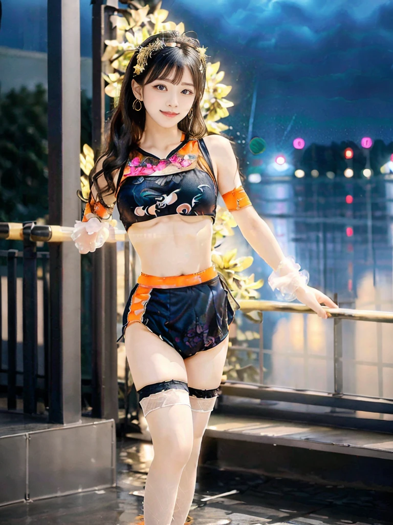 A female model, (Race:Chinese),((night),(moonlight),(Fall),(rainstorm)), (8K Ultra HD, Digital SLR Camera, Soft Light, high quality, Volumetric Lighting, frank, photo, high resolution, 4K, 8K, Bokeh), ((((Beautiful model-like face))), (Create stunning images of real girls), warm light, Realistic shadows, Dynamic poses, Elegant Posture, Cowboy lens, Full body front view, Facing the camera,Looking confident from the front,Be confident, Body facing the camera, Standing facing the camera, Open your legs slightly, Golden Ratio Graphics, Minimalism), (Happy smile, Big watery eyes, Cherry Blossom, Balanced Eyes, Oval face, Pretty Face, Normal facial features, Skin is transparent and visible, Delicate skin, Sports body, cosmetic, earrings, bracelet, necklace, Jewelry, veil, Hair accessories, Headdress), ((beautiful hair), black hair, Wavy curly hairstyle, Waist-length hair, Messy Hairstyle, Gradient hairstyles, Cyberpunk hairstyle), ((Transparent clothes:1.5), (The color of the clothes:Yang Orange), Transparent Clothes, See-through clothes, Transparent Clothes, Tulle clothes, Mesh clothes, Transparent and flowing Hanfu, Transparent lace one-piece vest underwear, Transparent tube top, Mesh top), (Sexy, Perfect breast shape, Teardrop chest shape, Snow-white breasts, very detailed breasts, 34E cup), (Super high waist, Deep V, Low-cut, (Camel toe, High fork strangulation)), (sock, Knee socks, 吊garter, Leg ring, garter, 腿部garter)