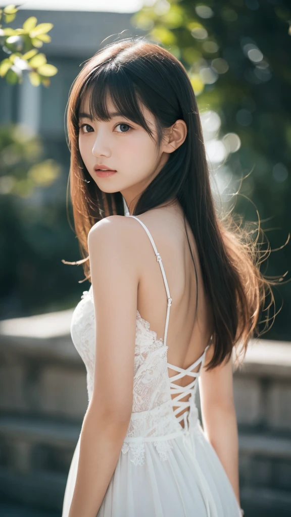 masutepiece, Best Quality, 8K, 1 girl, 20 yo, Full body, Solo, Cute, Girly, Delicate girl, Neat and clean beauty, Raw photo, Professional Photography, Portrait, Soft light, Professional Lighting, Back lighting, look forward to your eyes, Sophisticated, Film grain, (Eyes and faces with detailed:1.0), medium length floating hair, Beautiful flowing hair, Bangs,