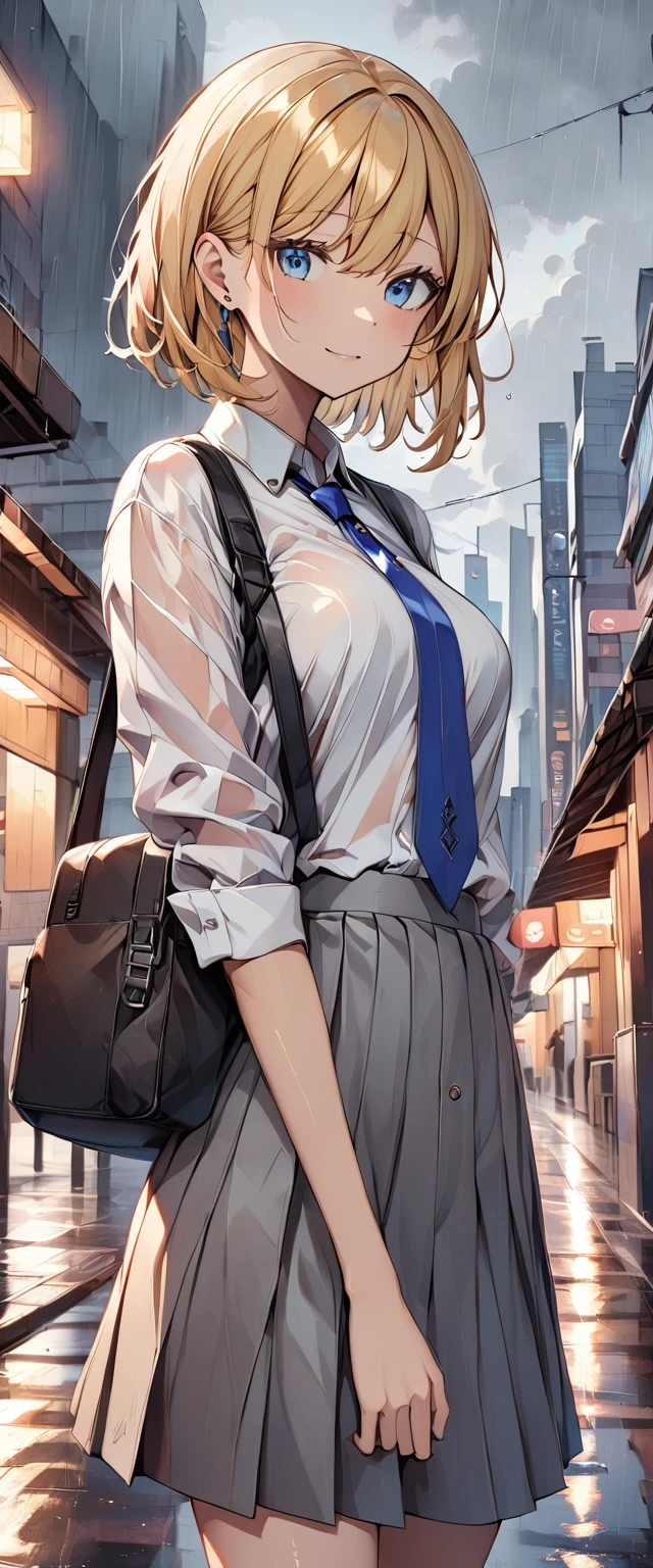 One girl, Blonde, short hair, blue eyes, White shirt, Light blue tie, Grey Skirt, city, rain, Detailed Background
