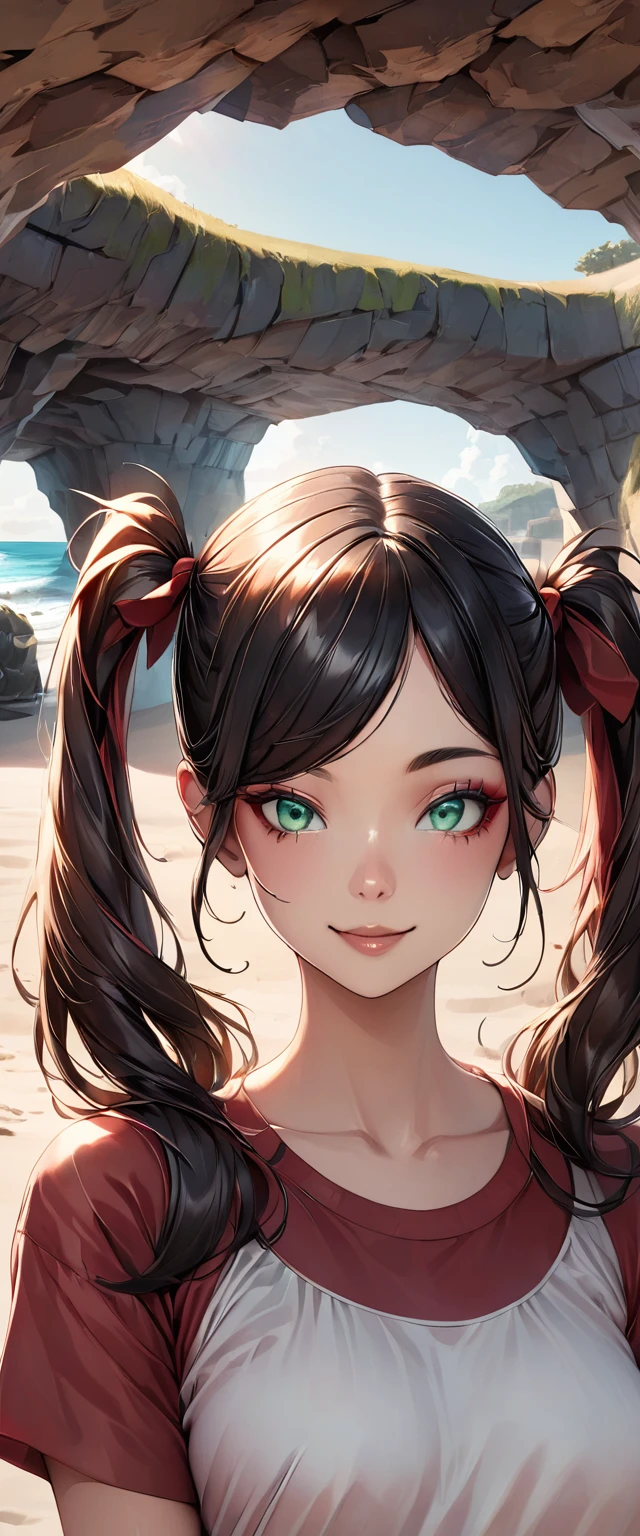 Realistic, photograph, 自然な肌をした女の子のphotograph, ((High Twintails)), , ((Baby Face)), Smiling, ((Tilt your head)), Round face, Red mesh hair, ((Upper Body)), Beach cave, The light is shining in, Black hair with red mesh, Sharp Eye, Blue-green eyes, Shining eyes, A thin, upturned nose, Well-shaped lips, ((crop top overhang, Short sleeve, Black clothes, Glamour body)), Makeup, Exquisitely crafted with the utmost attention to detail, Vibrant, amazing, Smooth, Cinematic, 4K, Backlight, (()), Shallow depth of field, ((Detailed eyes:1.3, Detailed lips:1.3, high quality, )), masterpiece, Super detailed images, High quality