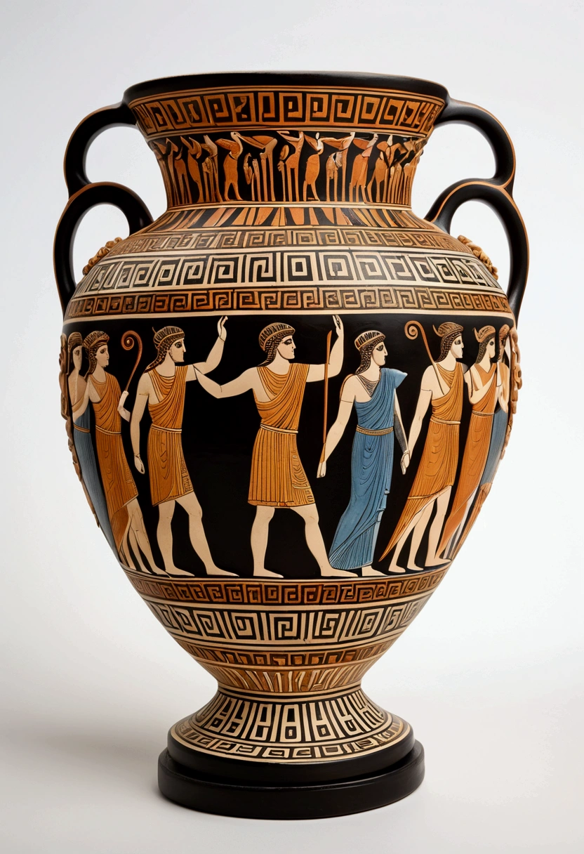 (Ancient Greek Art), color style on White background Pottery, award-winning, cinematic still, emotional, vignette, dynamic, vivid, (masterpiece, best quality, photorealistic, Professional, perfect composition, very aesthetic, absurdres, ultra-detailed, intricate details:1.3)