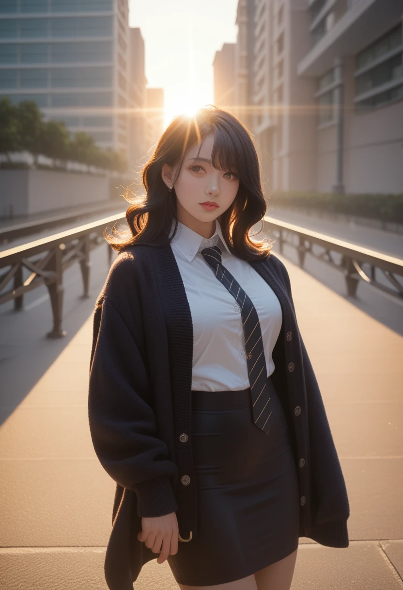 1 Girl, Intricate details, masterpiece, best quality, Extremely detailed,light, Beautiful and delicate light, Delicate and beautiful face and eyes, 8K, Dark, intense shadows, Yellow eyes, Medium Length Hair, Black Hair, Bangs, Flowing hair, Black jacket, Cardigan jacket, White shirt, Poker face, tie, Black skirt, spotlight, Sunlight, sunrise, Gradient sky, City, lens flare, Cowboy shooting, [[Curvy beauty]], [Mature female]