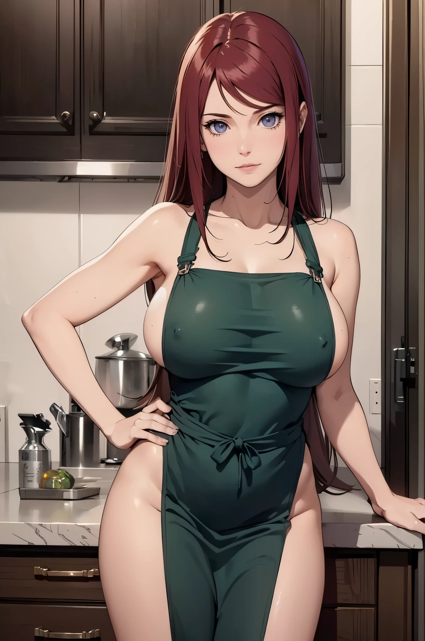 ((1girl, solo)), beautiful body, (perfect anatomy, perfect body, perfect hands, perfect legs), nice hands, natural proportions, sexy body, ((large breasts)), hand on hip BREAK
((extremely detailed face)), purple eyes, (beautiful detailed eyes:1.6), (realistic pupils, realistic iris:1), expressive eyes, ((looking at viewer)), (clear eyes:1.3), (hyperrealistic:1.2), (detailed skin texture:1.2), smooth skin, red hair, long hair, (detailed lips:1.2), (attractive lips:1.1), (glossy lips:1.1), smile, perfect face, perfect eyes BREAK
naked apron, (reveling clothes:1.5), covered nipples, (sideboob:1.5), green apron, skin tight, cleavage, groin BREAK
(masterpiece:1.5), anime-style, top quality, best quality, (beautiful and aesthetic:1.2), (ultra detail:1.5), Ultra-detailed depiction, Ultra-precise depiction, extremely detailed 8k illustration, high resolution, (highly detailed shading:1.2), (realistic lighting:1.4), perfect lighting, vibrant colors, dynamic tones, striking hues, 8k, absurd resolution, perfect shadows, hdr, UHD, ambient lighting, realistic, ultra-realistic, photo realistic, highly detailed, rich detail, luminous colors, fine texture, intricate design, professional illustration, (soft light:1.2), (illustration:0.7)
