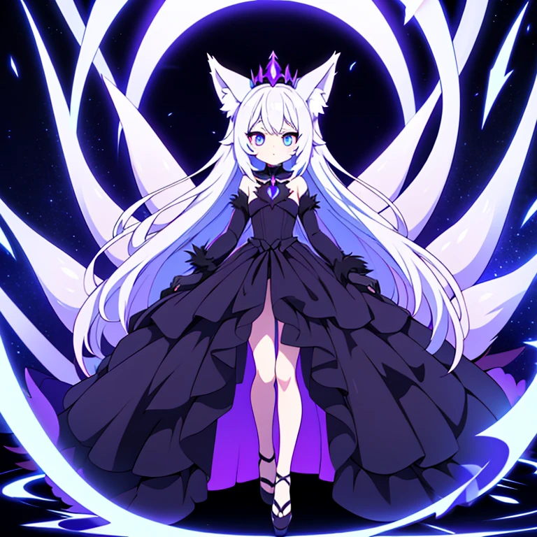 Full body, beautiful eyes , 1 girl  , full body , cute girl , anime style , cute eyes  , (standing up) , (Umbrafur is the evolved form of Glacifur, known as the "Eldritch Kitsune." This evolution occurs under very specific and mysterious conditions. When Glacifur is exposed to an Eldritch Core while holding Cat DNA and its HP is low, it transforms into Umbrafur. This evolution causes Glacifur's white fur to darken to a shadowy black, with deep purple and dark blue markings that glow ominously. Its once ethereal and benevolent aura becomes hauntingly enigmatic, with a body that appears to be partially made of shadows and fog. )  (ball gown) , crown , hidden legs ,( princess) , (ballgown covers legs), (cat ears)