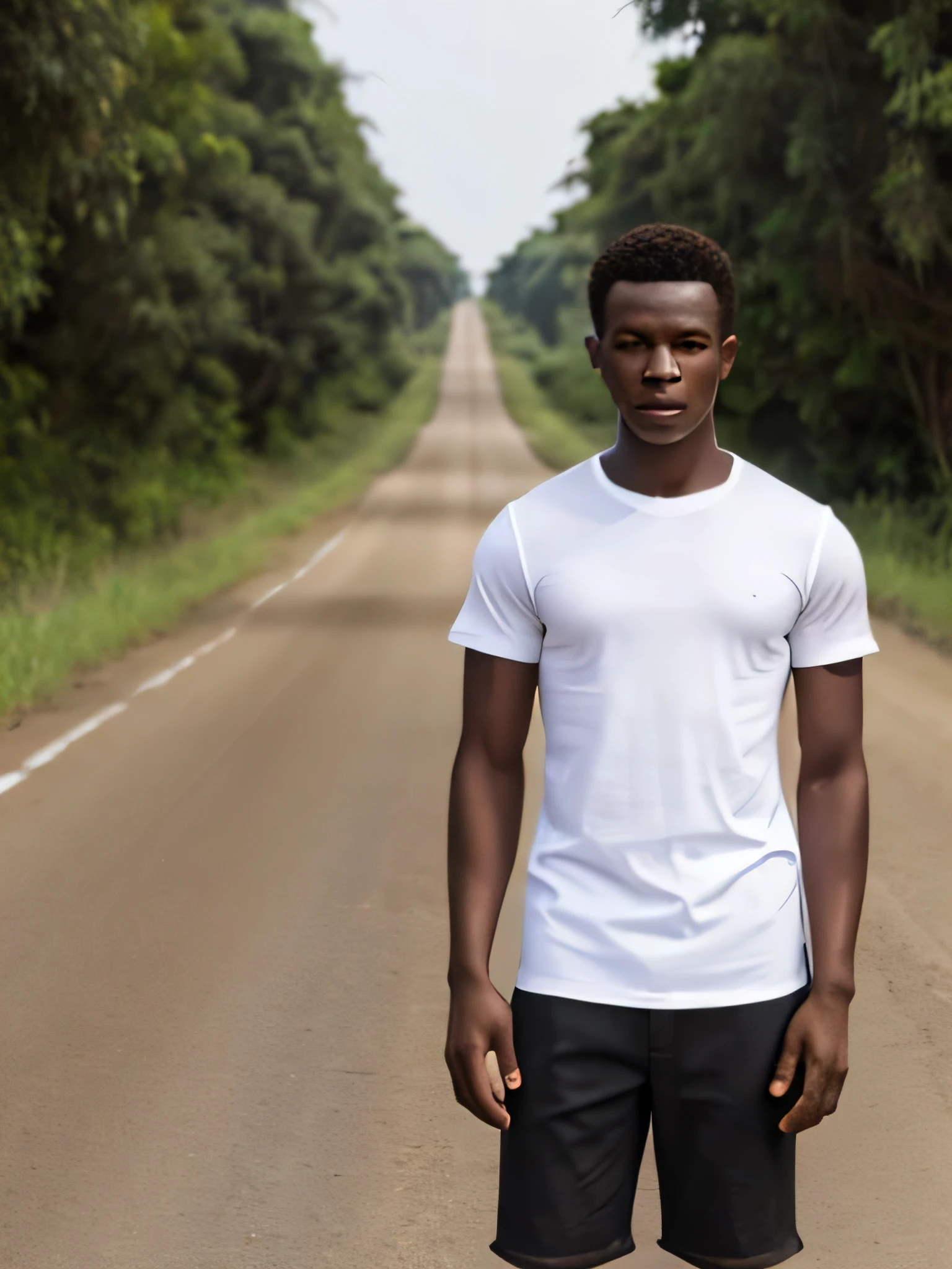 male publicity photo, full body, looking straight at me, African, white t-shirt, standing on a deserted road, high quality