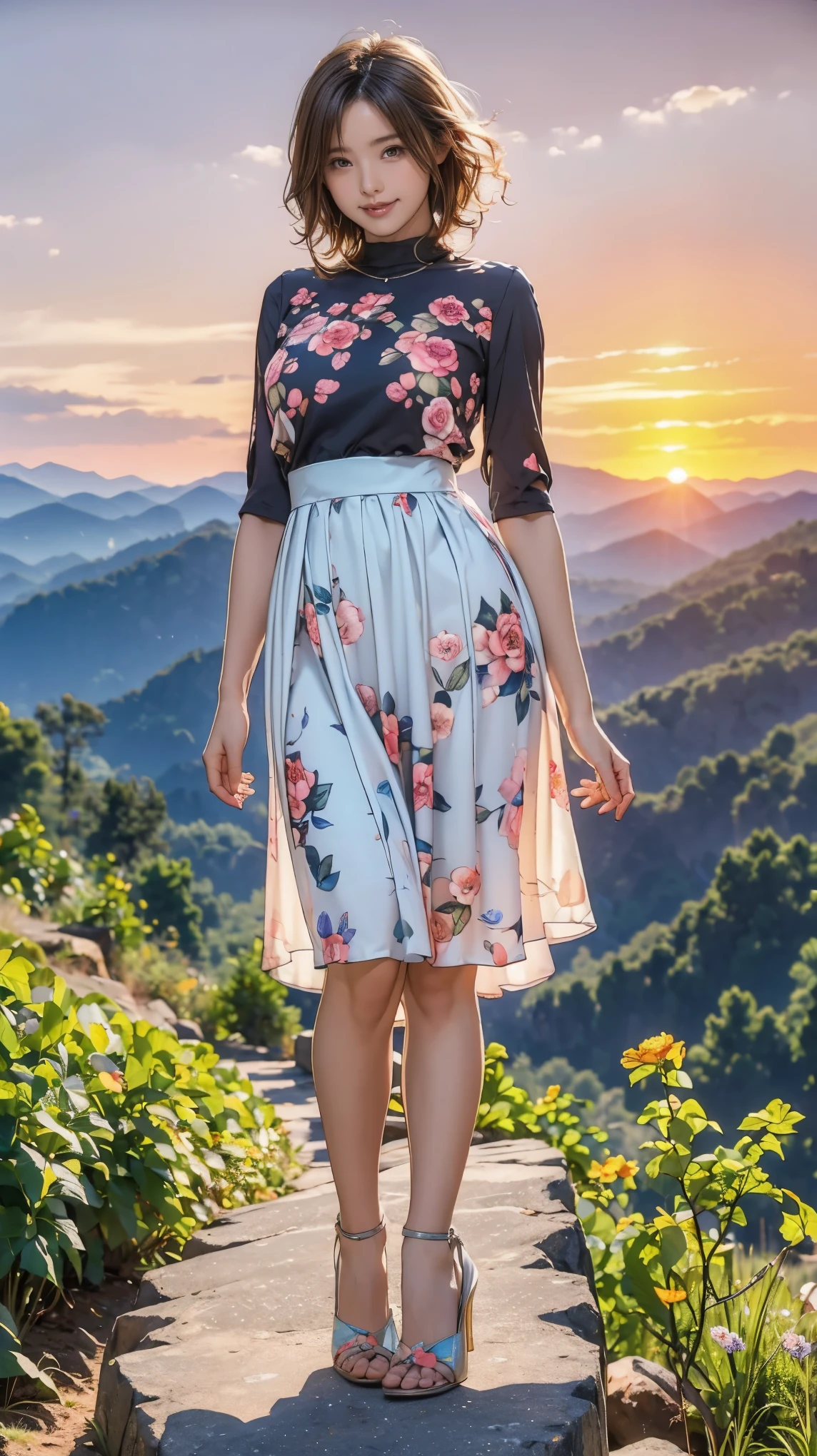 ((masterpiece)),(((Highest quality))),A low-angle shot that highlights beautiful thighs:1.5,Long legs,The best smile:1.5,Slim figure:1.5,whole body:1.5,(One Girl:1.3),(Viewer Display:1.4),(Pointy high heels:1.3),(Standing with legs apart on top of a mountain in the setting sun:1.2),(Wear a long skirt dress with floral or plant patterns:1.2),Curly and blonde hair:1.5,