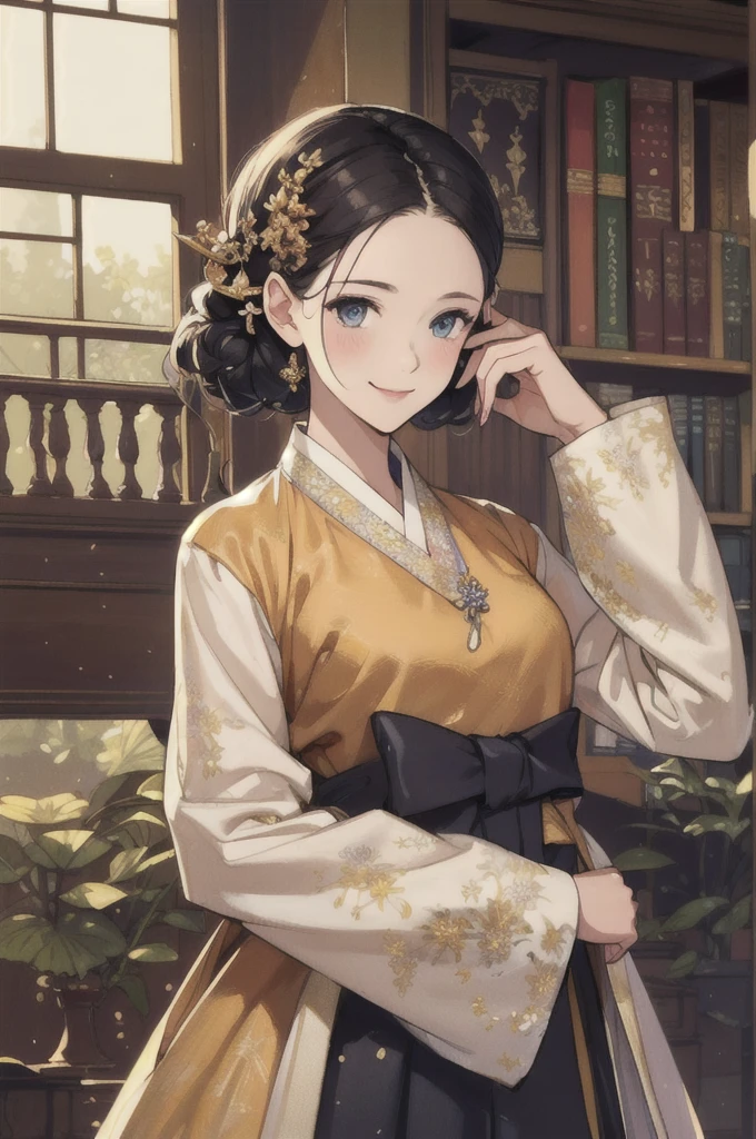 woman wearing dangui,waist up,sweet smile,floral pattern with golden speckles,beautiful victorian library,shimmering fabric,serene,masterpiece,8k,trending on pixiv,highest quality,