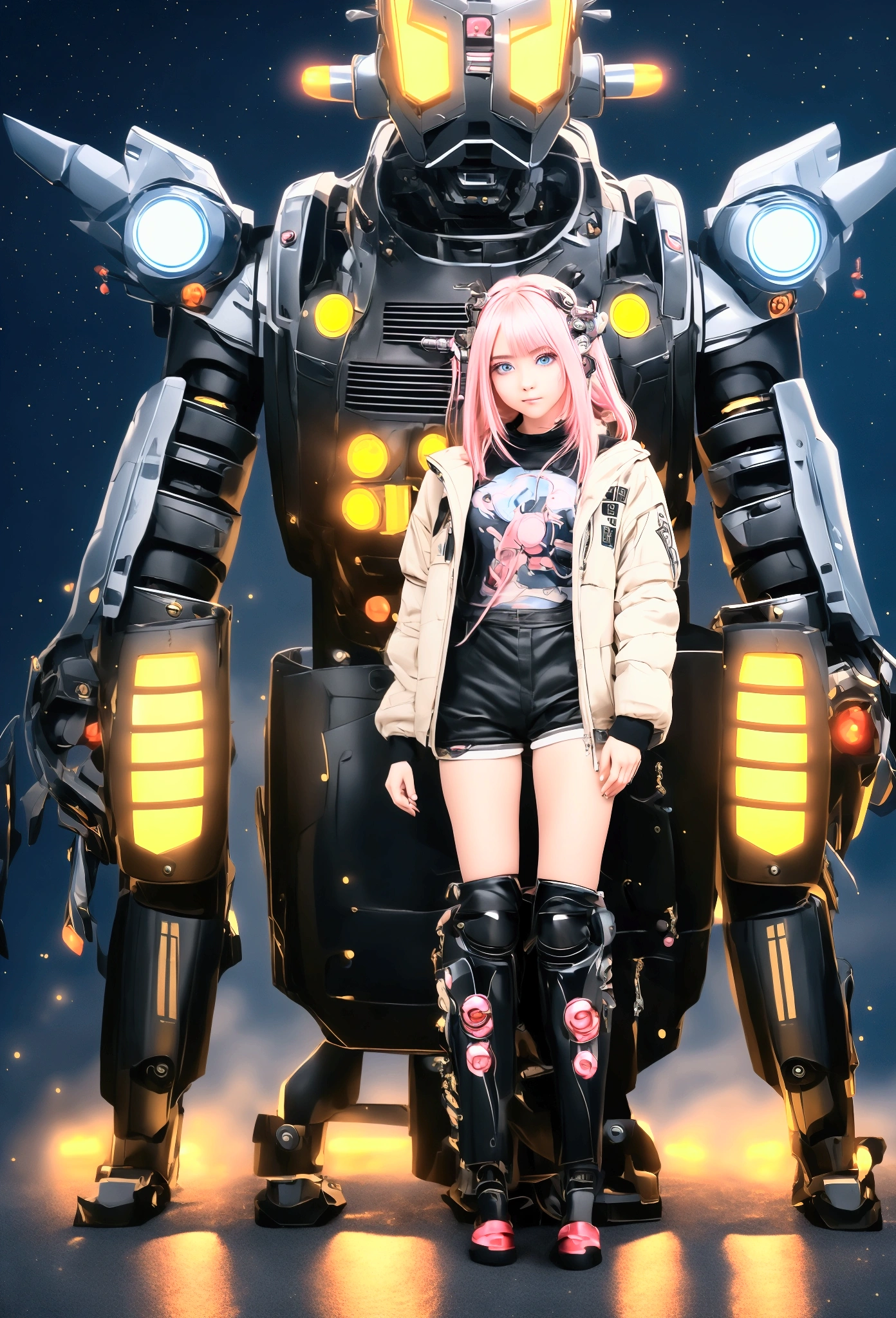 Anime girl in shorts and jacket standing next to a giant robot, guweiz style artwork, chica anime cyberpunk mech, trend on cgstation, guweiz, by Russell Dongjun Lu, cyberpunk anime digital art, ross tran 8k, Guweiz and Artstation Pixiv, girl with mecha cybernetic armor