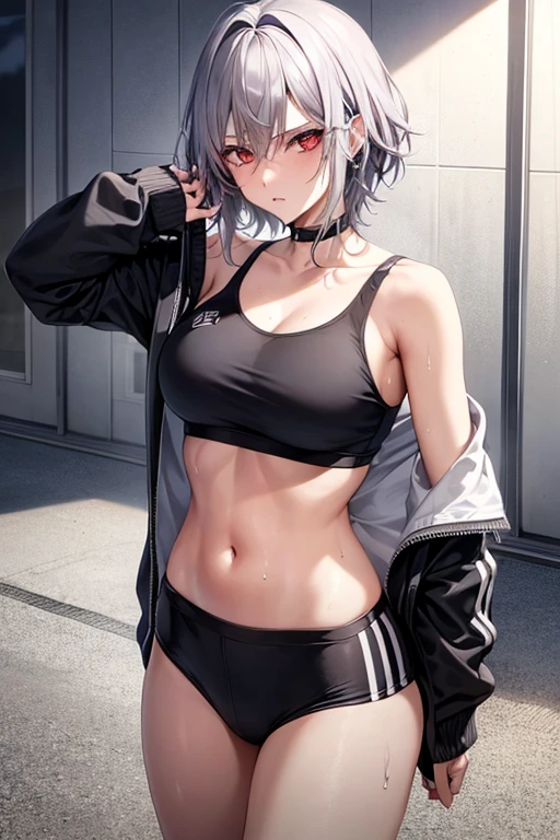 realistic, 1girl, ponytail, parted lips, blush, makeup, light smile, white hair, sportswear, skirt, wet clothes, glow, thighs, purple eye, bare shoulders, collarbone, narrow waist, sunbeam, sunlight, rose, wind, cleavage, (masterpiece), sweat,Hot,