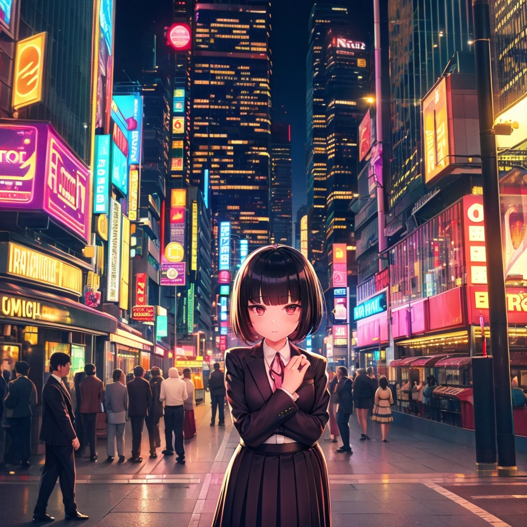 Cute young woman, Black short hair, Brown eyes, Queen,Pleated skirt suit,Street Lights,Neon lights,Bustling street background,(Umbilical cord:1.1,Princess Eyes), noble, Royal Family, high quality, masterpiece, Very detailed