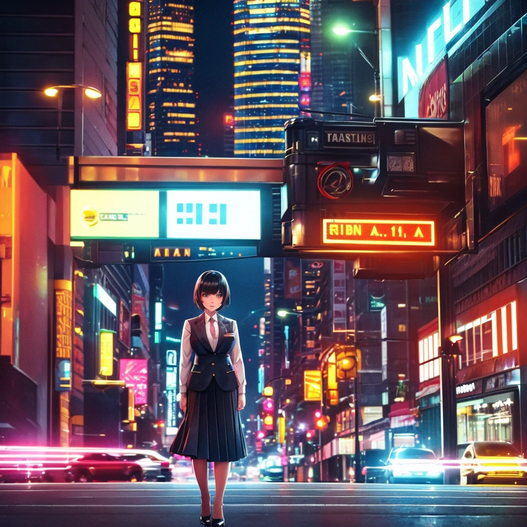 Cute young woman, Black short hair, Brown eyes, Queen,Pleated skirt suit,Street Lights,Neon lights,Bustling street background,(Umbilical cord:1.1,Princess Eyes), noble, Royal Family, high quality, masterpiece, Very detailed