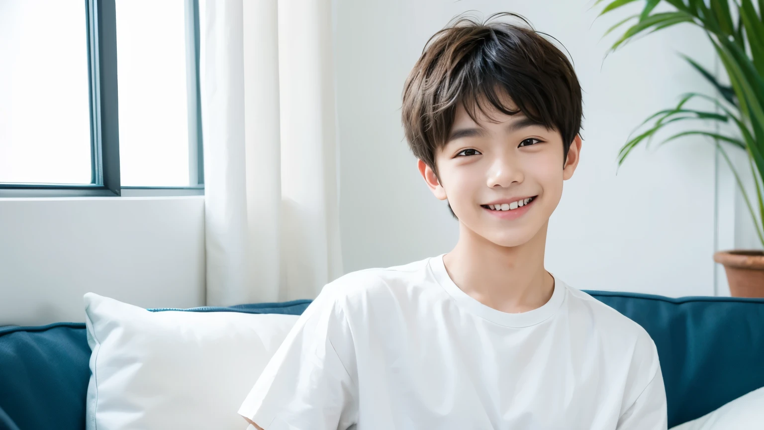 A young boy,smiling,Wearing a white shirt