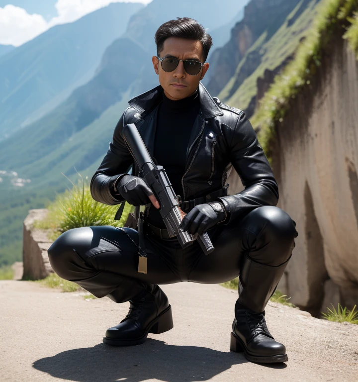 40 years old,One Man,Black bodysuit,Cliff in the mountains、Squat with your legs wide apart、Hold a gun,logic,Gay ,Very Very Short Hair、Short Hair,Stubble,Sri Lankan face。Cool handsome guy、Combatant　Fighting spirit　Shocker Belt　Black boots　Black leather gloves　The  area is bulging　Black sunglasses