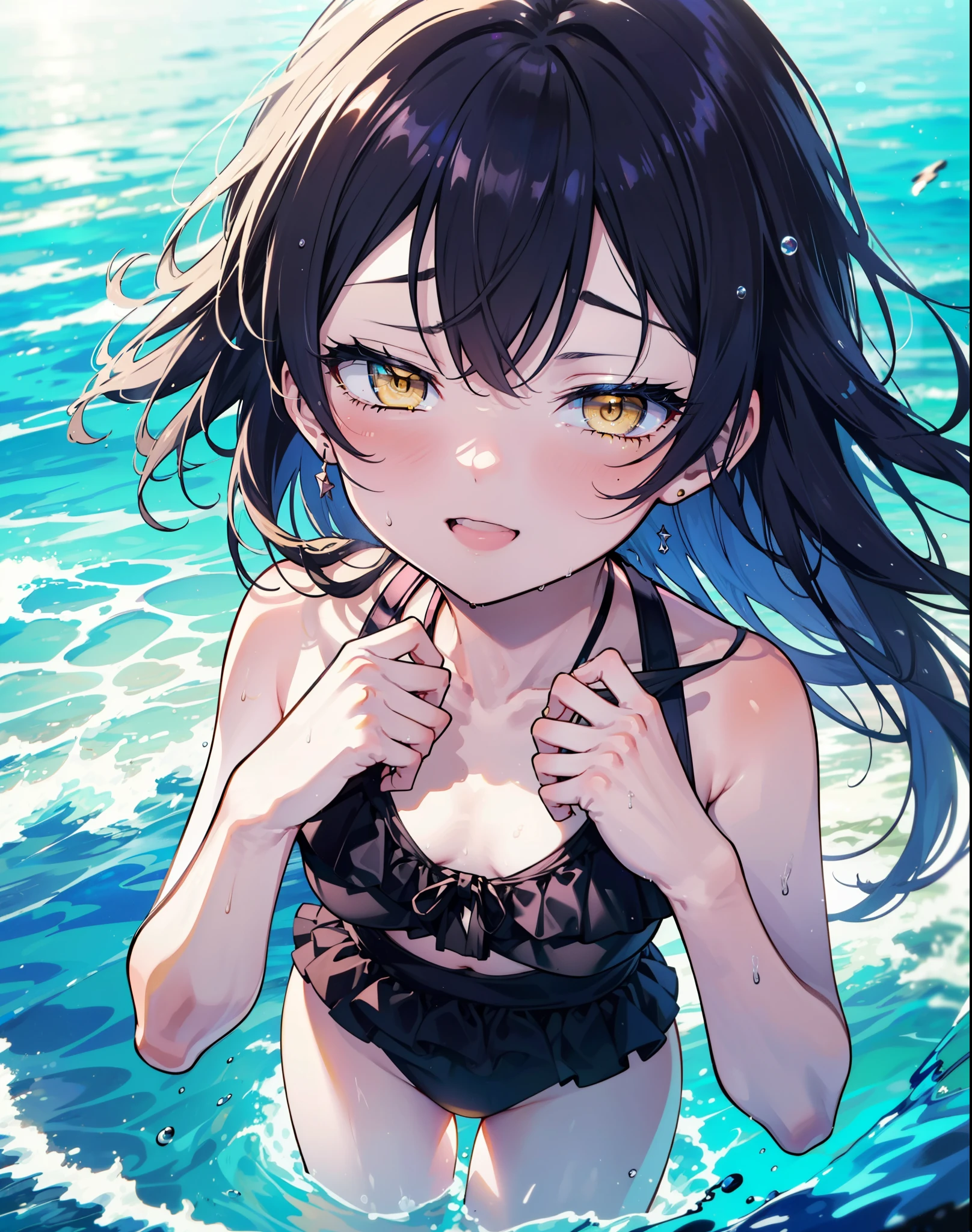 Umi Sonoda, Long Hair, Blue Hair, (Yellow Eyes:1.5) (Flat Chest:1.2),,happy smile, smile, Open your mouth,Black bikini swimsuit with frills,barefoot,Water Play,True Summer,Clear skies,Daytime,Wet swimsuit,Wet Skin,Wet Hair,　　　　　　　　　　　　　break looking at viewer, whole body, (Cowboy Shot:1. 5)　　　　　　　　　break outdoors,Beach, 　　　　　　　　　　　break (masterpiece:1.2), Highest quality, High resolution, unity 8k wallpaper, (shape:0.8), (Beautiful and beautiful eyes:1.6), Highly detailed face, Perfect lighting, Highly detailed CG, (Perfect hands, Perfect Anatomy),