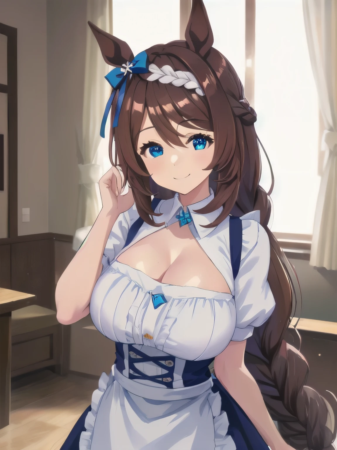 ((Highest quality, masterpiece, High resolution)), One girl, Super Creek\(umamusume\), Maid, cafeteria, smile, Are standing, White apron, Large Breasts, Cleavage, Horse tail, Perfect hands, 青色Maid服, Blue Skirt, Short sleeve, Every other braid in the hair is white.