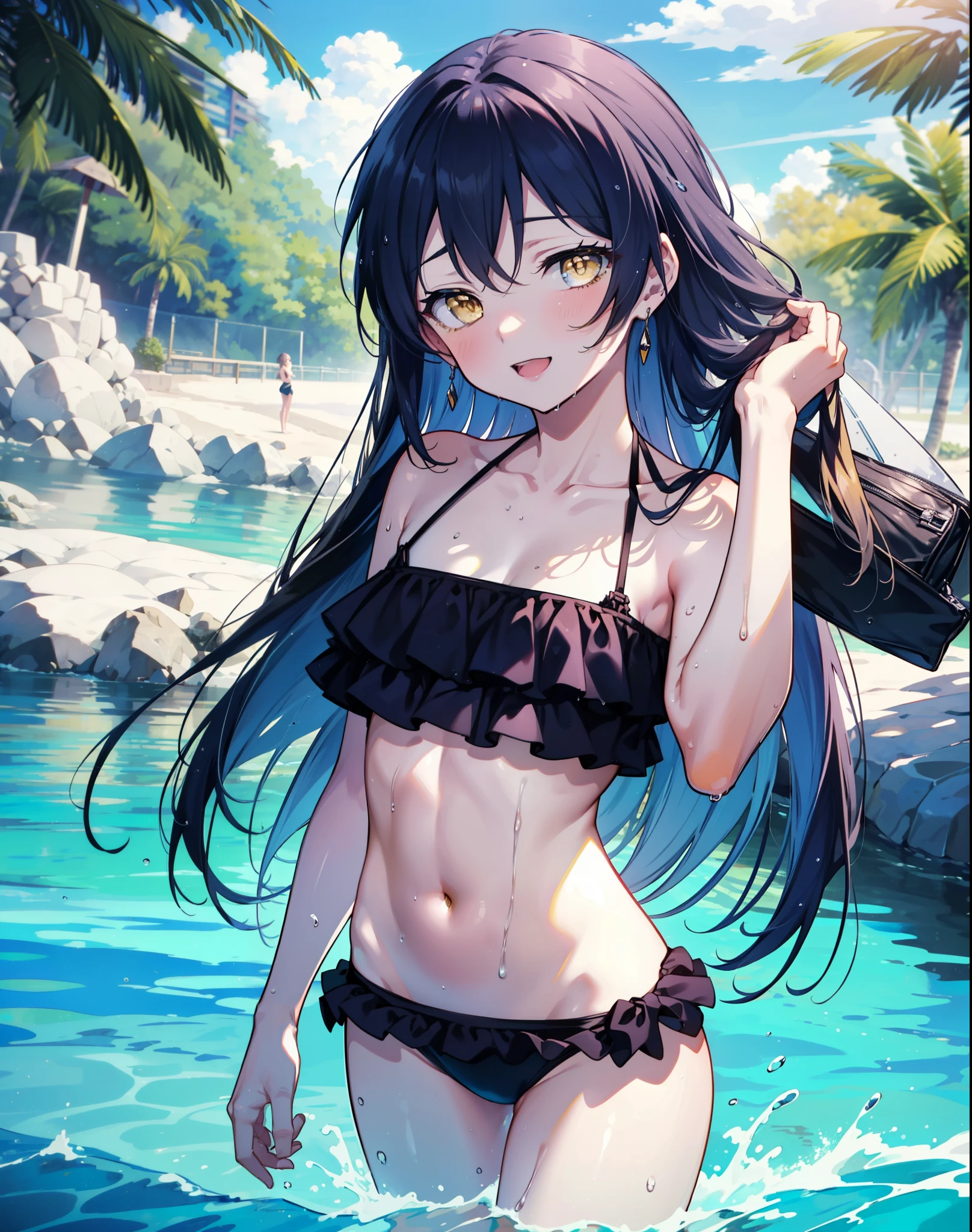 Umi Sonoda, Long Hair, Blue Hair, (Yellow Eyes:1.5) (Flat Chest:1.2),,happy smile, smile, Open your mouth,Black bikini swimsuit with frills,barefoot,Water Play,True Summer,Clear skies,Daytime,Wet swimsuit,Wet Skin,Wet Hair, break looking at viewer, whole body, (Cowboy Shot:1. 5) break outdoors,Beach, break (masterpiece:1.2), Highest quality, High resolution, unity 8k wallpaper, (shape:0.8), (Beautiful and beautiful eyes:1.6), Highly detailed face, Perfect lighting, Highly detailed CG, (Perfect hands, Perfect Anatomy),