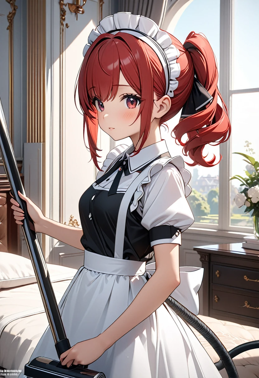 A cute maid-like girl cleaning in the morning,The girl is a very cute girl with red hair and a red twin tail hairstyle.A maid's hair ornament on her head,She's wearing a cute maid outfit.A girl is cleaning a room in a luxurious mansion with a vacuum cleaner.High quality, high definition, masterpiece best quality, 4k, 8k, ultra detail,CGI animation art.