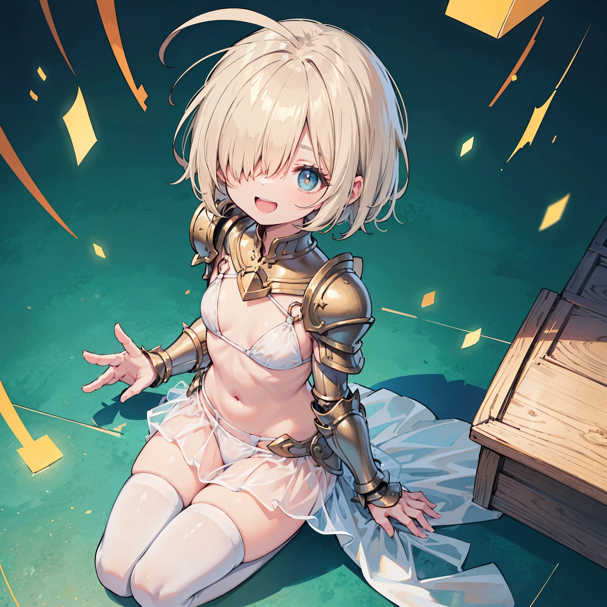 (masterpiece:1.2), (highest quality:1.2), perfect eyes, perfect face, perfect lighting, middle ages, room, 1 boy,blonde aqua eye, ((((((hair over one eye,)))))), Braidスタイル, spike hair, dull bangs, bob hair, Braid, Ahoge, robe ((((Transparent white bikini armor)))), Thighhighs, skirt, cute eyes, Medium chest, bright, ((From above)), open your mouth, vivid description,orgasm, I was scared, (abs:0.6) Ahegao, smile+Happy, tooth, anger, sitting,From the side, creining
