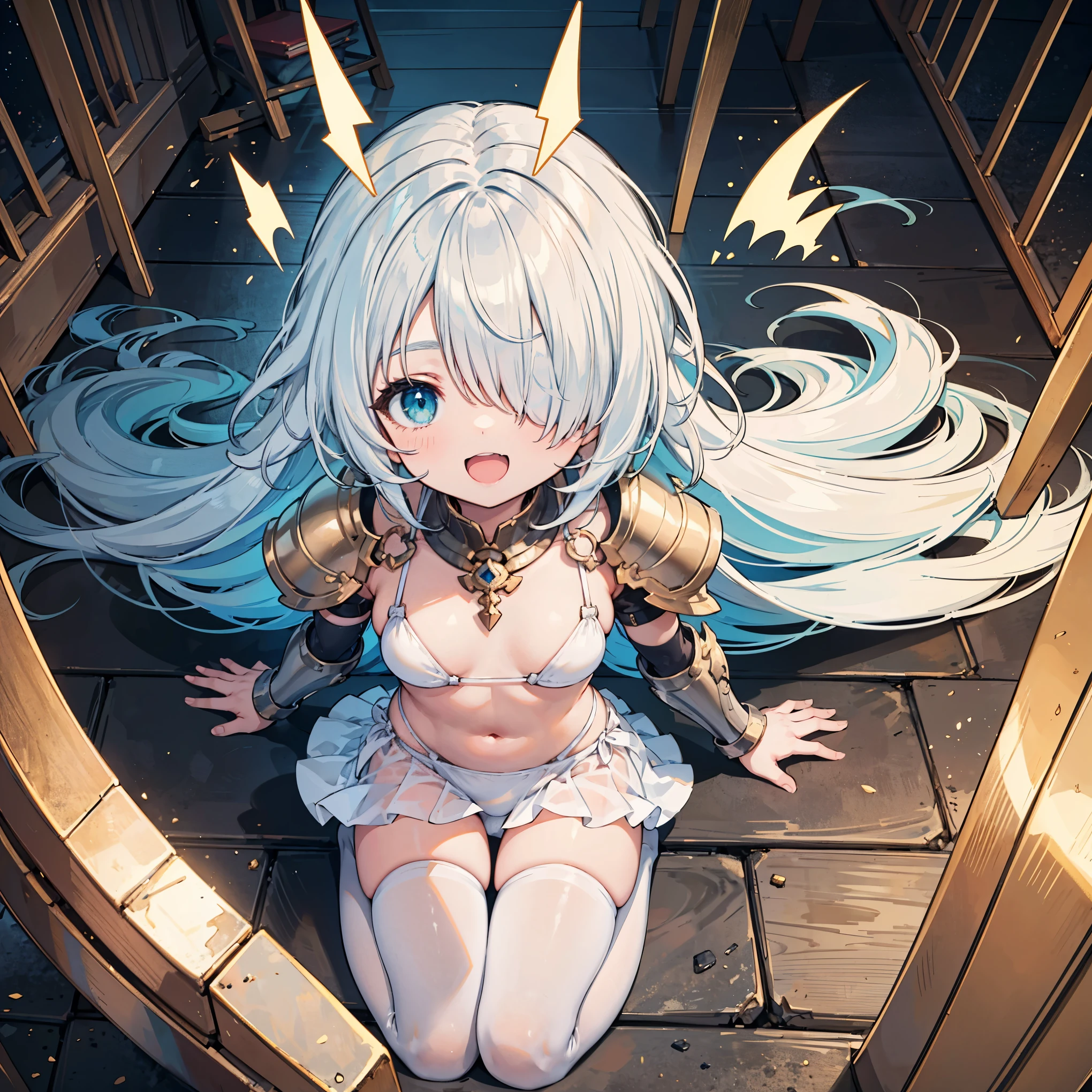 (masterpiece:1.2), (highest quality:1.2), perfect eyes, perfect face, perfect lighting, middle ages, room, 1 boy,blonde aqua eye, ((((((hair over one eye,)))))), Braidスタイル, spike hair, dull bangs, bob hair, Braid, Ahoge, robe ((((Transparent white bikini armor)))), Thighhighs, skirt, cute eyes, Medium chest, bright, ((From above)), open your mouth, vivid description,orgasm, I was scared, (abs:0.6) Ahegao, smile+Happy, tooth, anger, sitting,From the side, creining