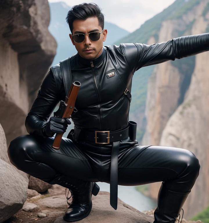 30 years old,One Man,Black bodysuit,Cliff in the mountains、Squat with your legs wide apart、Hold a gun,logic,Gay ,Very short hair,Stubble,Sri Lankan face。Cool handsome guy、Combatant　Fighting spirit　Shocker Belt　Black boots　Black leather gloves　The crotch area is bulging　Black sunglasses