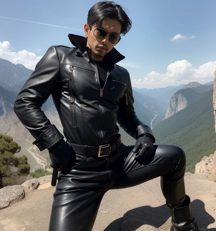 30 years old,One Man,Black bodysuit,Cliff in the mountains、Squat with your legs wide apart、Hold a gun,logic,Gay ,Very short hair,Stubble,Sri Lankan face。Cool handsome guy、Combatant　Fighting spirit　Shocker Belt　Black boots　Black leather gloves　The crotch area is bulging　Black sunglasses