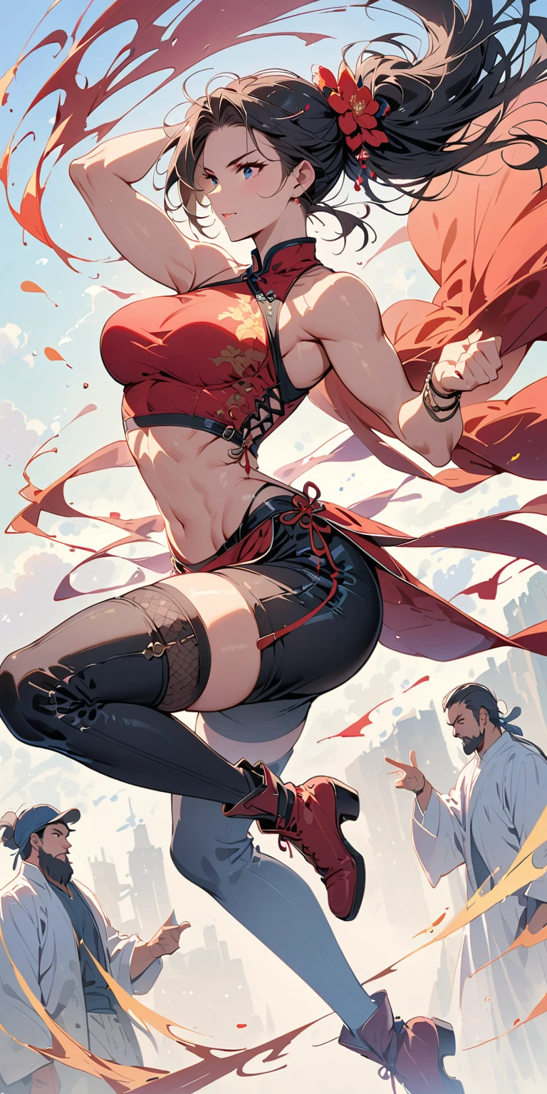 Boxing Match between muscular woman and doing a knee strike, six pack, no men in background , Chinese dress and leggings