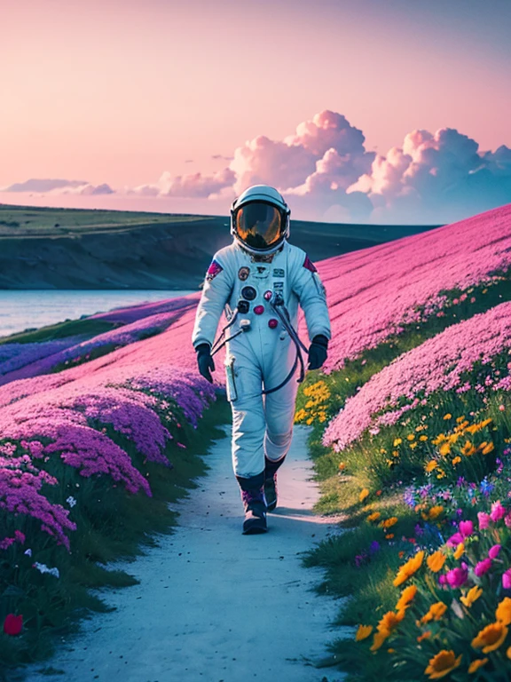 he is an astronaut walking on a sea of flowers, dotted with pink clouds,Cosmonaut, which one,An astronaut cannot leave this planet,Cosmonaut теряется в бескрайнем космосе.