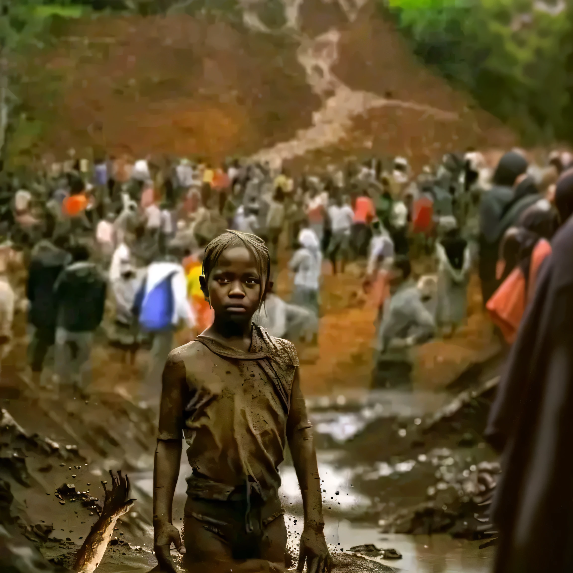 arafed standing in muddy puddle with crowd of people in background, pulitzer prize winning photo, absolutely outstanding image, pulitzer prize for photography, powerful photo, an award winning photo, by Michel Kikoine, winning photo, beautiful image ever created, stunning sight, award winning shot, an amazing photo, very beautiful photo, impressive winning photo, award-winning photo!!!!