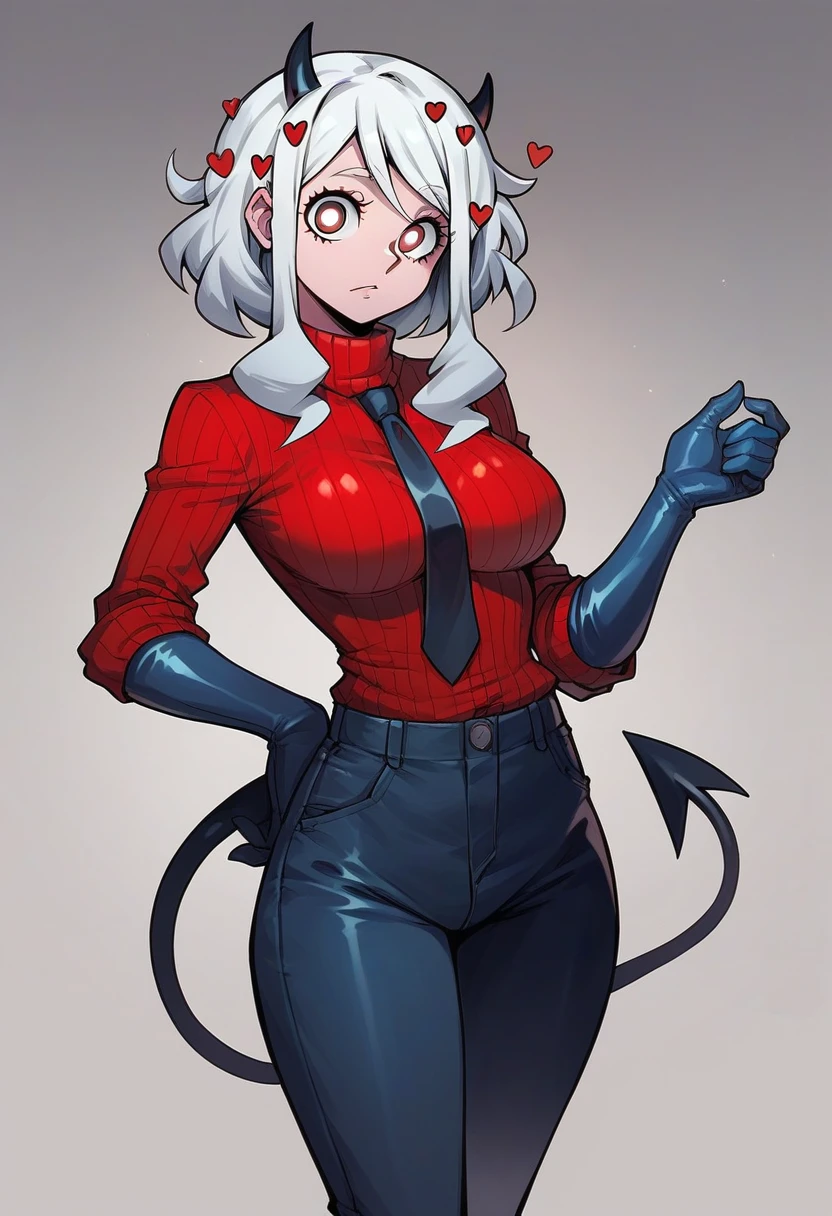 1girl, modeus \(helltaker\), ((blue elbow gloves)), ((surgical gloves)), ((latex gloves)), (red shirt), (((long sleeves))), (tie), (pants), looking at viewer, standing, solo