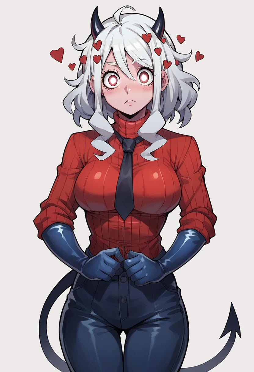 1girl, modeus \(helltaker\), ((blue elbow gloves)), ((surgical gloves)), ((latex gloves)), (red shirt), (((long sleeves))), (tie), (pants), looking at viewer, standing, solo