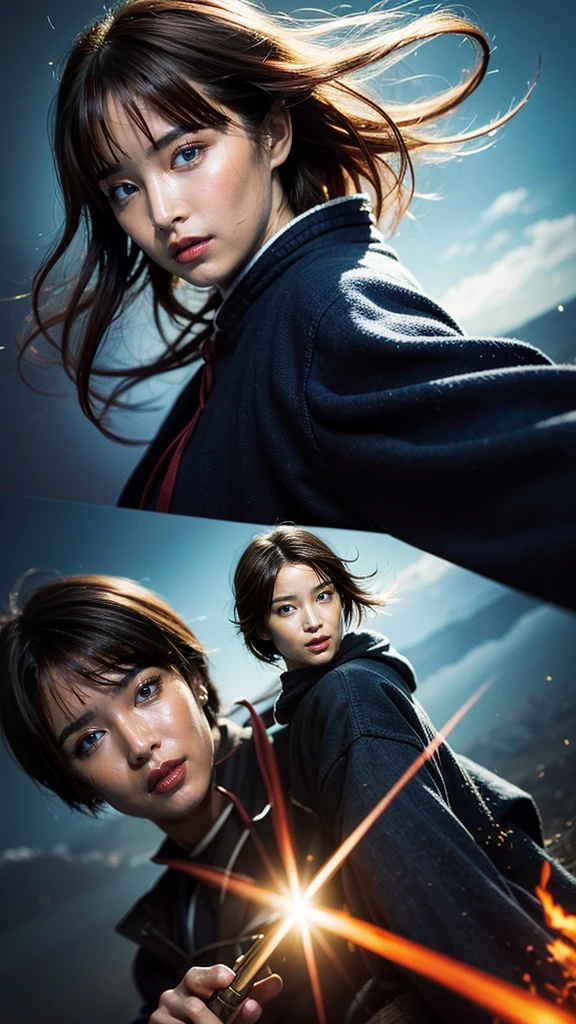 A great poster design featuring Kenshin as the main character "Rurouni Kenshin" A moment of excitement. Capture the essence of his fiery determination and indomitable spirit. He exploded in anger. 直knifeを手にしたアクション, Keep it short, bold, Kenshin's Rage々Strongly conveying the power. Long Hair, ponytail, Redhead, knife, Cross mark on left cheek, high quality, Realistic, 20-year-old male, knifeを手に持つ, Surrounded by fire. The man has a determined attitude, He is wearing a red kimono with an intricate pattern., Pair it with a white hakama .the lighting is real, Emphasise the intensity of a scene.