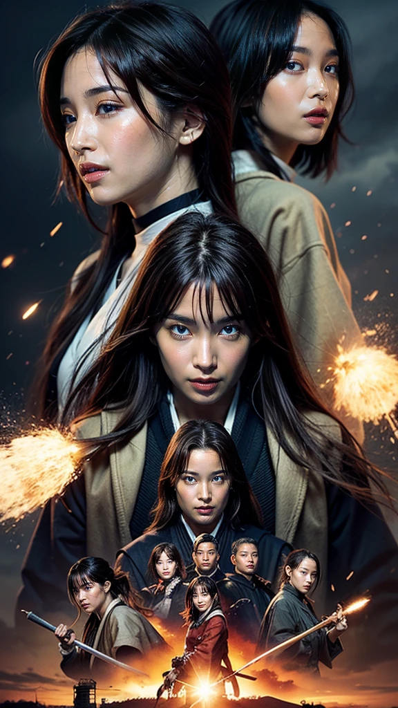 A great poster design featuring Kenshin as the main character "Rurouni Kenshin" A moment of excitement. Capture the essence of his fiery determination and indomitable spirit. He exploded in anger. 直knifeを手にしたアクション, Keep it short, bold, Kenshin&#39;s Rage々Strongly conveying the power. Long Hair, ponytail, Redhead, knife,  Cross mark on left cheek,  high quality, Realistic, 20-year-old male, knifeを手に持つ, Surrounded by fire. The man has a determined attitude,  He is wearing a red kimono with an intricate pattern., Pair it with a white hakama .the lighting is real, Emphasise the intensity of a scene.